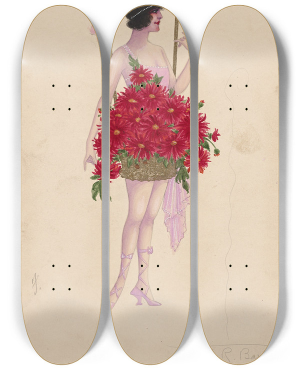 Triptych art skateboard deck of Will R Barnes 15Chrysanthemums Red by Will R Barnes (1939)