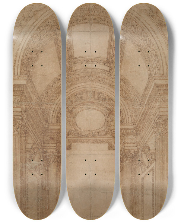 Triptych art skateboard deck of Baldassare Peruzzi Design For An Elaborate Barrelvaulted Chapel by Baldassare Peruzzi (1481-1536)