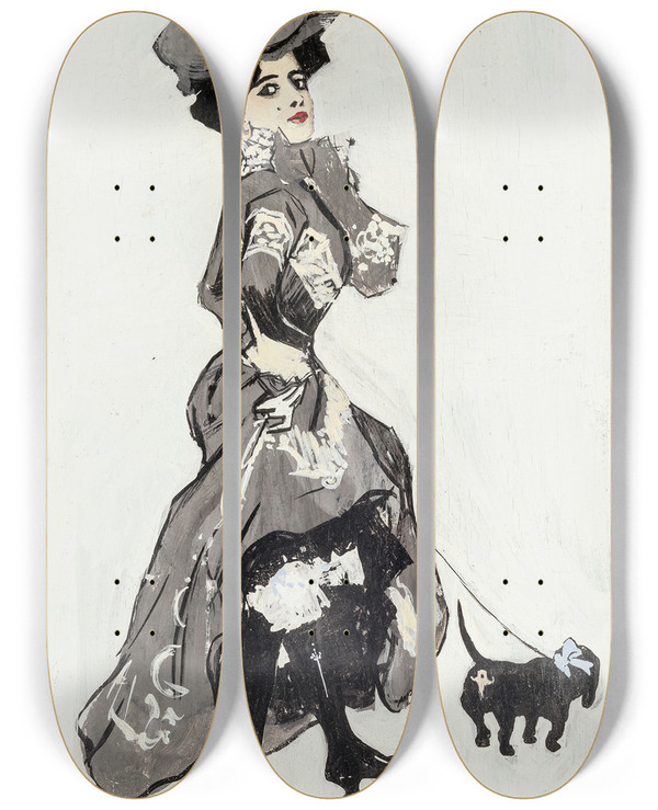 Triptych art skateboard deck of Ferdinand Freiherr Von Reznicek Colombine by Ferdinand Freiherr Von Reznicek (1868-1909)