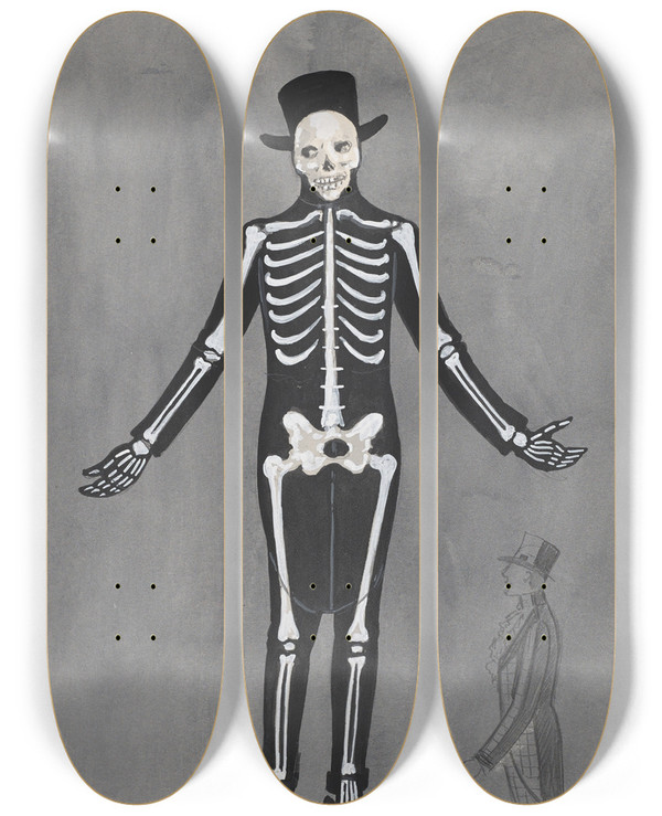 Triptych art skateboard deck of Will R Barnes Skeleton by Will R Barnes (1939)
