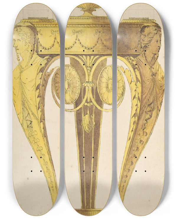 Triptych art skateboard deck of Henry Holland Design For A Torchere Or Perfume Burner by Henry Holland (1745-1806)