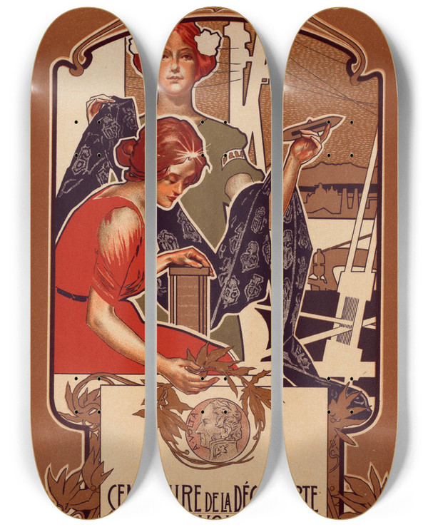 Triptych art skateboard deck of Adolfo Hohenstein Centenaire De La Dcouverte De La Pile Voltaque by Adolfo Hohenstein (1854-1928)
