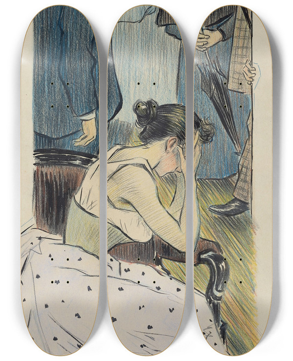Triptych art skateboard deck of Thophile Alexandre Steinlen Sa Famille Chanson by Theophile Alexandre Steinlen (1859-1923)