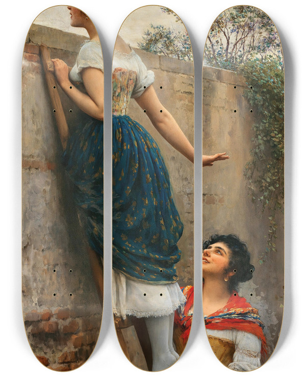 Triptych art skateboard deck of Eugen Von Blaas The Curious by Eugen Von Blaas (1843-1931)