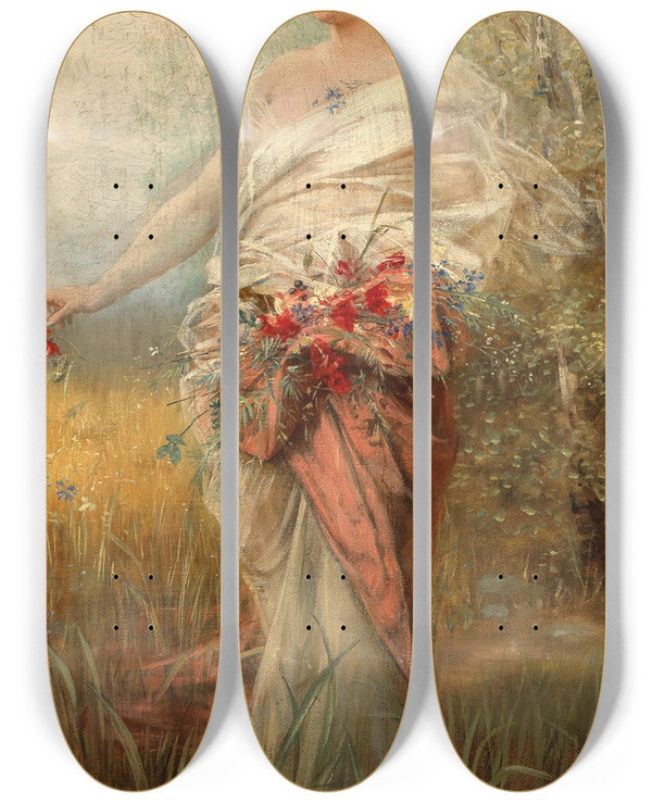 Triptych art skateboard deck of Alexander Demetrius Goltz Flora by Alexander Demetrius Goltz (1857-1944)