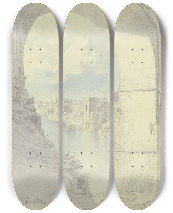 Triptych art skateboard deck of Fritz Bamberger Durchblick Durch Den Bogen Einer Brcke In Toledo by Fritz Bamberger (1814-1873)