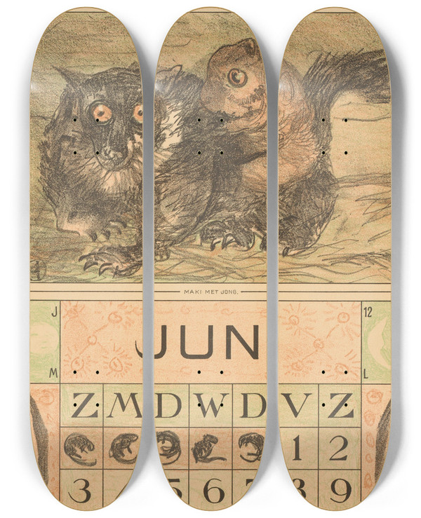 Triptych art skateboard deck of Theo Van Hoytema Kalenderblad Juni Met Makis by Theo Van Hoytema (1863-1917)