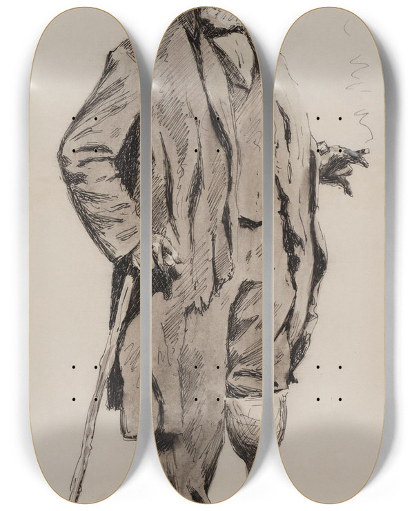 Triptych art skateboard deck of Frederic Remington A Relic Peg Leg by Frederic Remington (1861-1909)