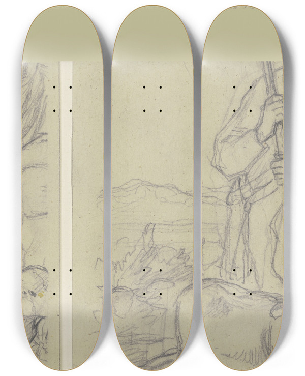 Triptych art skateboard deck of Jakob Becker Sherpherd With Sheep by Jakob Becker (1810-1872)