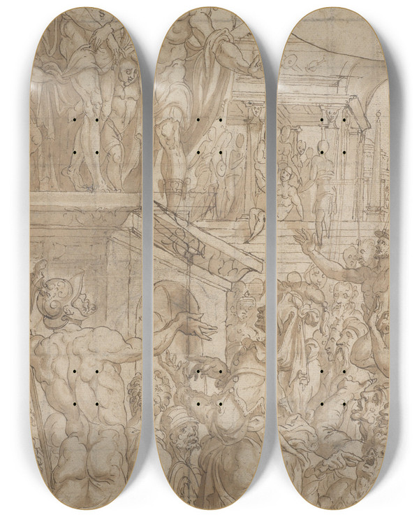 Triptych art skateboard deck of Maarten Van Heemskerck Ecce Homo by Maarten Van Heemskerck (1498-1574)