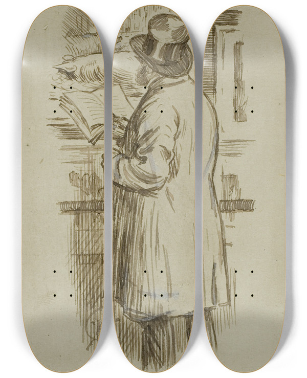 Triptych art skateboard deck of Charles Samuel Keene Man At Exhibition by Charles Samuel Keene (1823-1891)