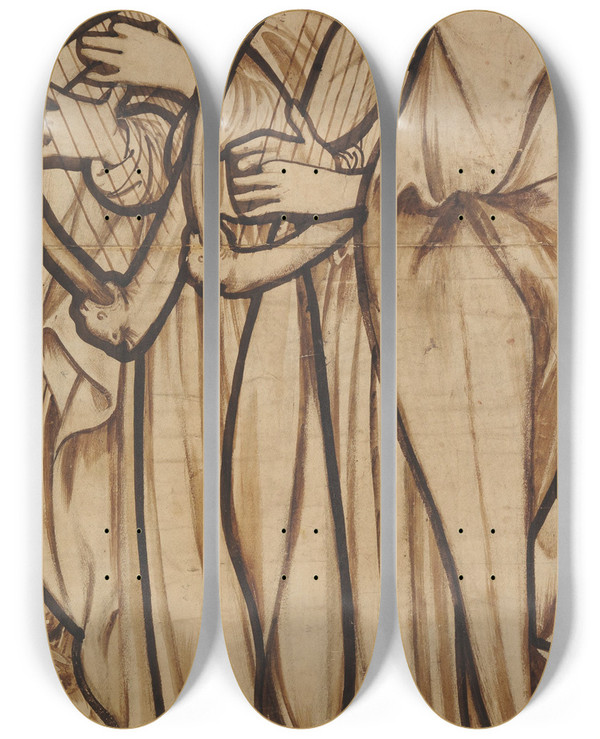 Triptych art skateboard deck of Sir Edward Coley Burnejones Angels Playing Harps by Sir Edward Coley Burne-Jones (1833-1898)