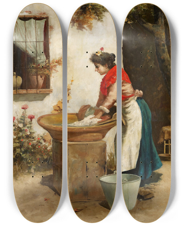 Triptych art skateboard deck of Guillermo Gmez Gil Washerwoman by Guillermo Gomez Gil (1862-1942)
