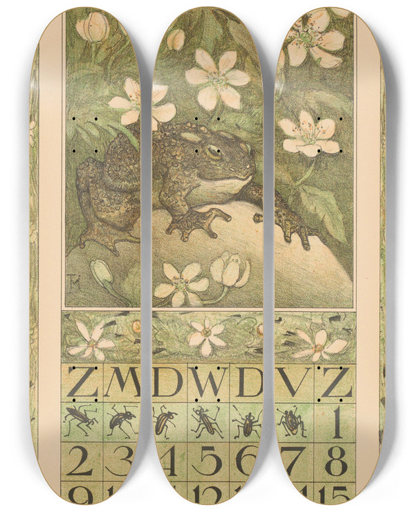 Triptych art skateboard deck of Theo Van Hoytema Kalenderblad April Met Kikker by Theo Van Hoytema (1863-1917)