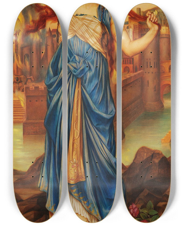 Triptych art skateboard deck of Evelyn De Morgan Cassandra by Evelyn De Morgan (1855-1919)