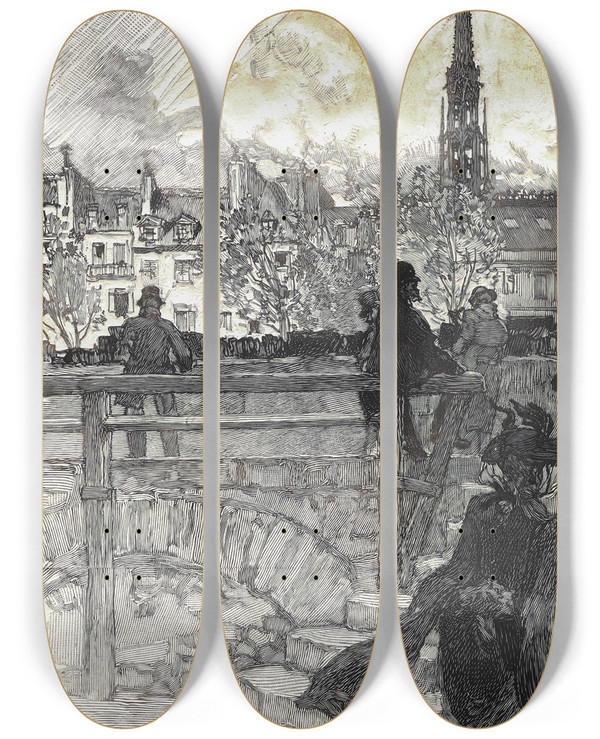 Triptych art skateboard deck of Auguste Louis Lepre Quai Des Grands Augustins Paris by Auguste Louis Lepere (1849-1918)
