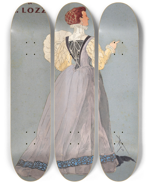 Triptych art skateboard deck of Pipein Gamba Dolma Corista by Pipein Gamba (1868-1954)