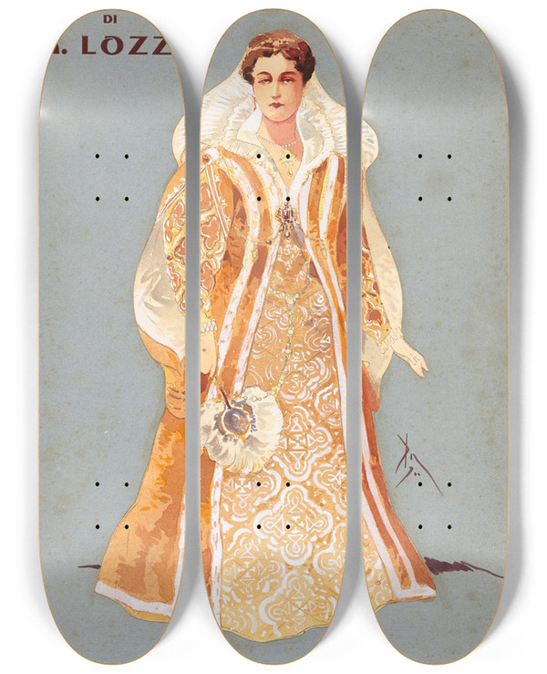 Triptych art skateboard deck of Pipein Gamba Dama Ia Comprimaria by Pipein Gamba (1868-1954)