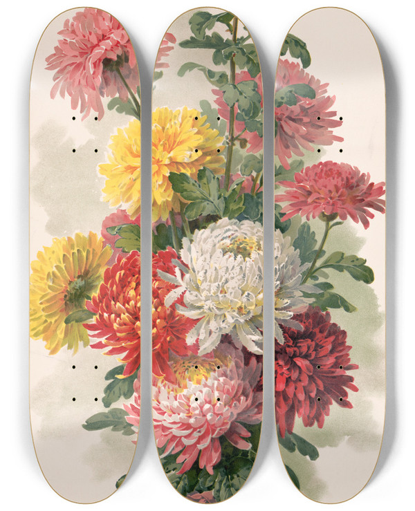 Triptych art skateboard deck of Paul De Longpre Chrysanthemums by Paul de Longpre (1855-1911)