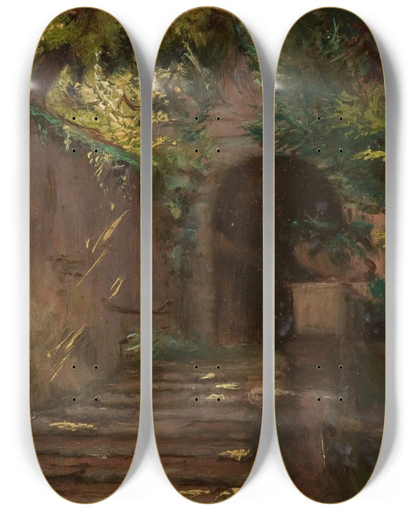 Triptych art skateboard deck of Carlaugust Lebsche Sundappled Steps by Carl-August Lebsche (1800-1877)