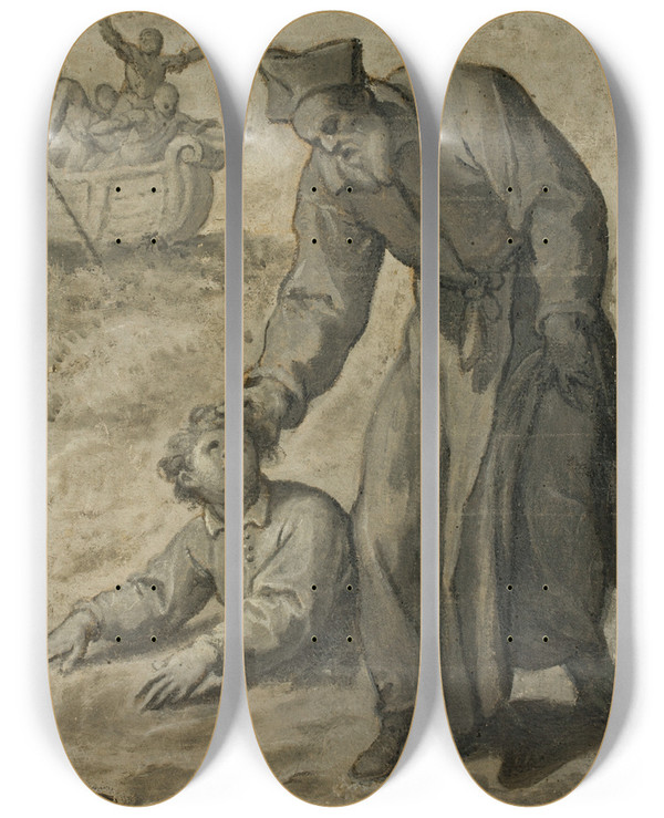 Triptych art skateboard deck of Cristoforo Roncalli Study For Saint Philip Neri Rescuing A Drowning Youth by Cristoforo Roncalli (1552-1626)