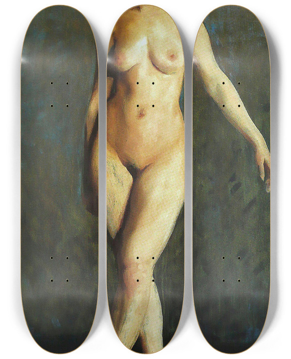 Triptych art skateboard deck of Robert Henri Figure In Motion by Robert Henri (1865-1929)