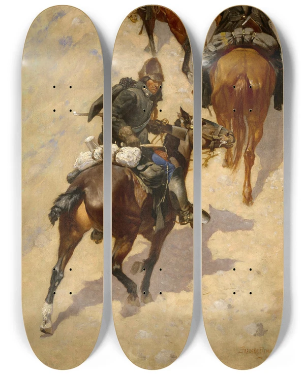 Triptych art skateboard deck of Frederic Remington Scouts Climbing A Mountain by Frederic Remington (1861-1909)