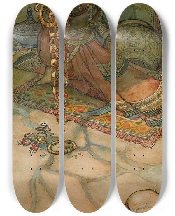 Triptych art skateboard deck of William Heath Robinson Oriental Illustration by William Heath Robinson (1872-1944)