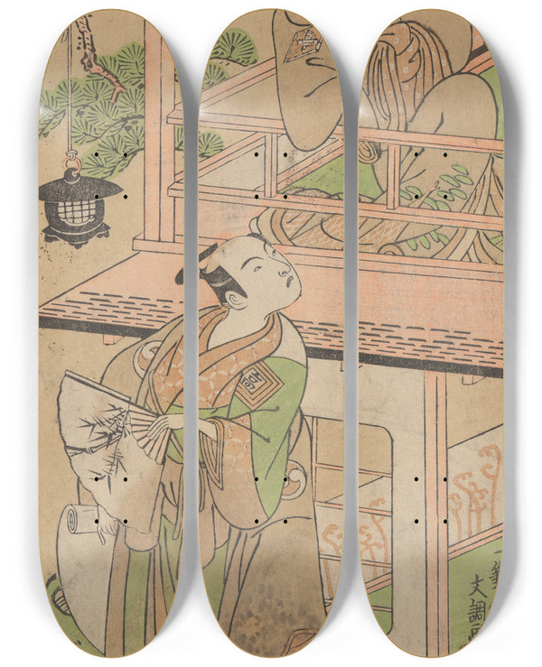 Triptych art skateboard deck of Bunch Ippitsusai Woman On Balcony And Passerby by Buncho Ippitsusai (1727-1796)