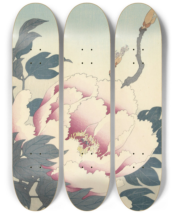 Triptych art skateboard deck of Ohara Koson Peony With Butterfly by Ohara Koson (1877-1945)