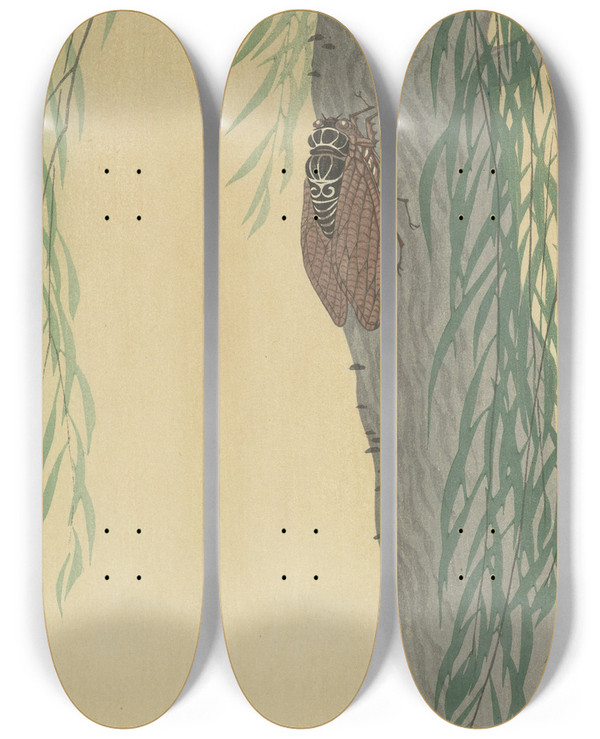 Triptych art skateboard deck of Ohara Koson Cicada On Tree by Ohara Koson (1877-1945)