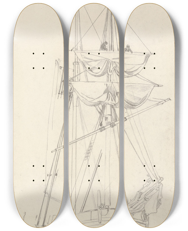 Triptych art skateboard deck of Cornelius Varley Ship Study by Cornelius Varley (1781-1873)