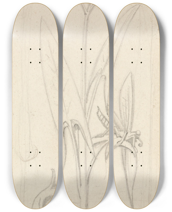 Triptych art skateboard deck of Sir John Everett Millais Stained Glass Study Water Plant With Grasshoper Fish And Newt_2 by Sir John Everett Millais (1829-1896)