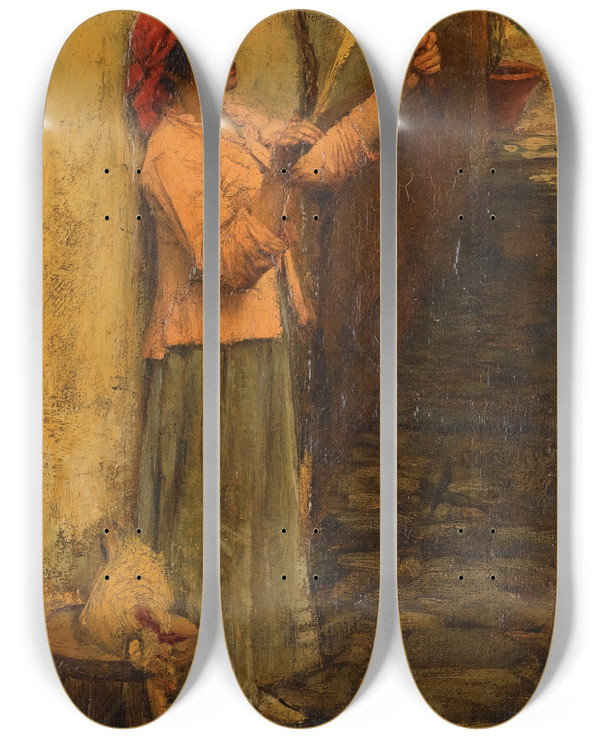 Triptych art skateboard deck of John William Waterhouse A Neapolitan Flax Spinner by John William Waterhouse (1849-1917)