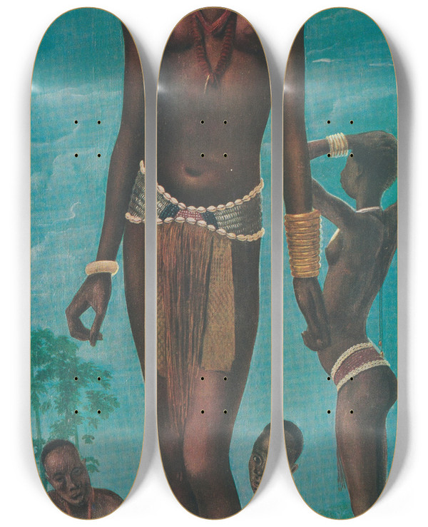 Triptych art skateboard deck of Alexandre Jacovleff Dessins Et Peintures Dafrique Pl 25 by Alexandre Jacovleff (1887-1938)