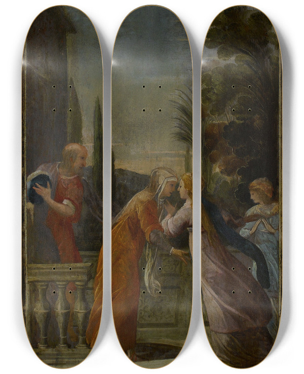 Triptych art skateboard deck of Jean De Saintigny La Visitation by Jean de Saint-Igny (1600-1647)