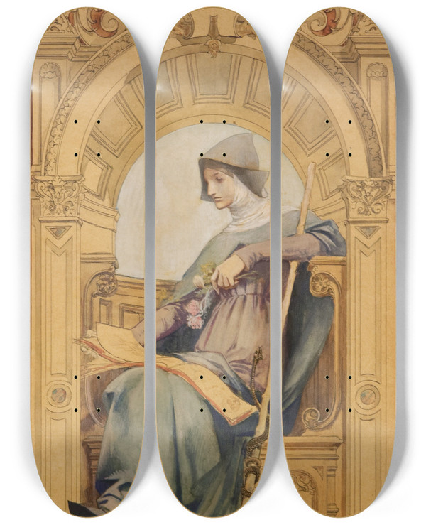 Triptych art skateboard deck of Lucolivier Merson La Mdecine by Luc-Olivier Merson (1846-1920)