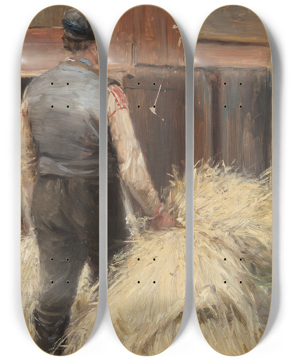 Triptych art skateboard deck of Nils Kreuger Haymaking by Nils Kreuger (1858-1930)