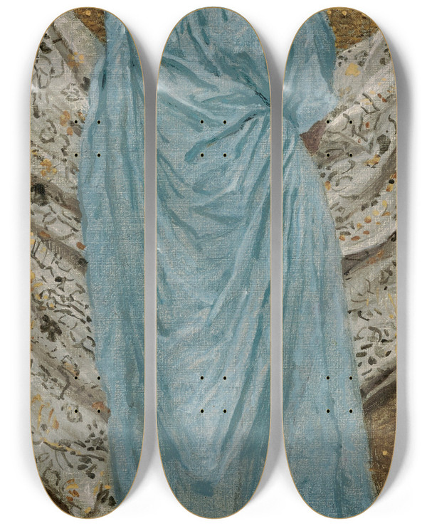 Triptych art skateboard deck of Albert Joseph Moore Forgetmenots by Albert Joseph Moore (1841-1893)