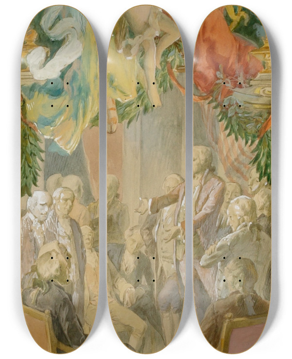 Triptych art skateboard deck of Louis Schaettle A Legislative Session by Louis Schaettle (1867-1917)