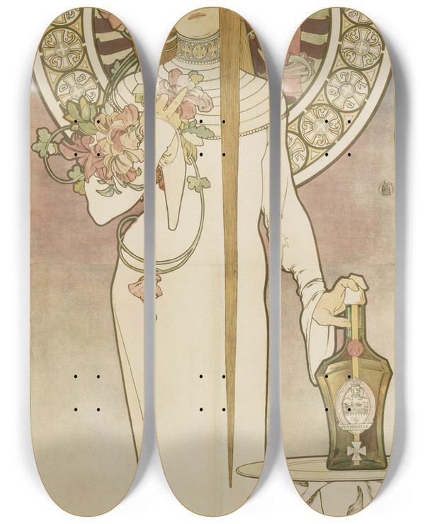 Triptych art skateboard deck of Alphonse Mucha La Trappistine by Alphonse Mucha (1860-1939)