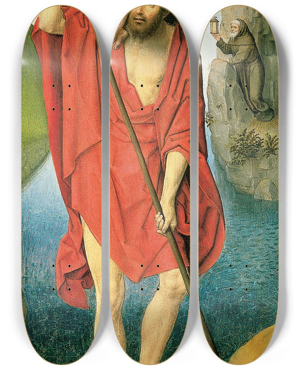 Triptych art skateboard deck of Hans Memling Saint Christopher by Hans Memling (1430-1494)