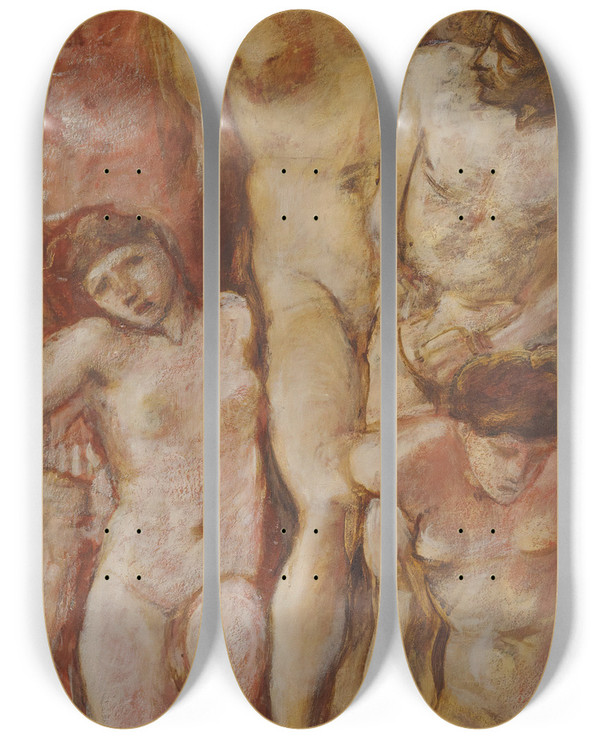 Triptych art skateboard deck of Sir Edward Coley Burnejones Helen Captive In Burning Troy by Sir Edward Coley Burne-Jones (1833-1898)