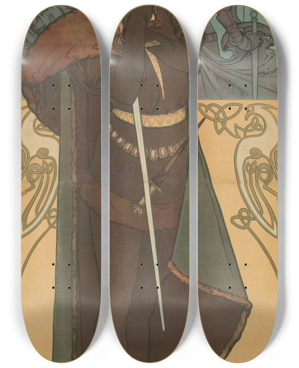 Triptych art skateboard deck of Alphonse Mucha Sarah Bernhardt As Hamlet by Alphonse Mucha (1860-1939)