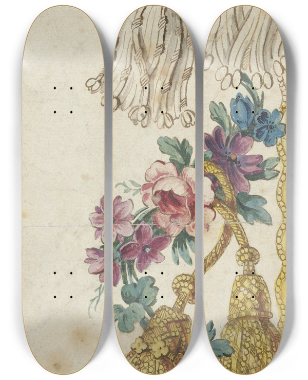 Triptych art skateboard deck of Charles Germain De Saintaubin Design For An Embroidered Border by Charles Germain de Saint-Aubin (1721-1786)