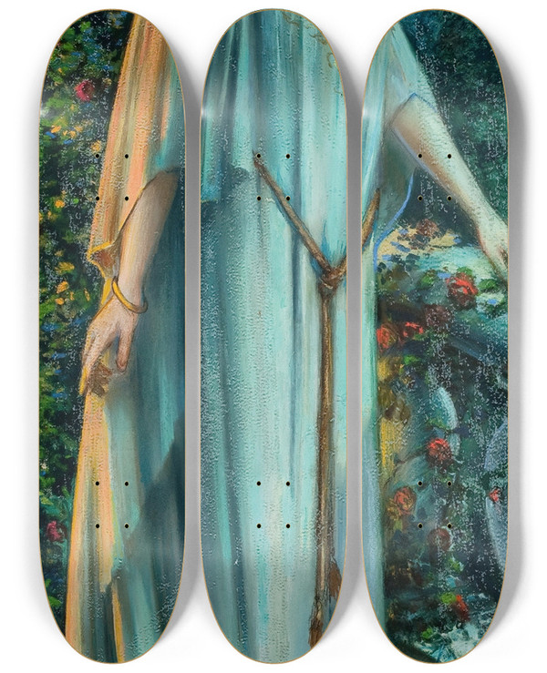 Triptych art skateboard deck of John Knowles Hare Overlooking The Garden by John Knowles Hare (1884-1947)