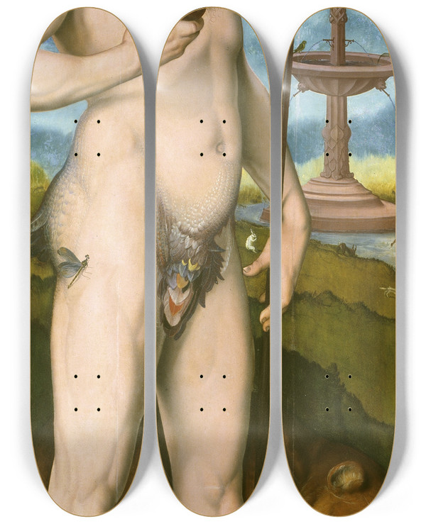 Triptych art skateboard deck of Hans Baldung Mercury by Hans Baldung (1484-1545)