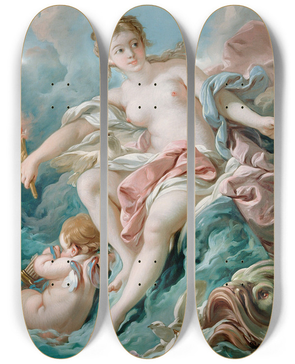 Triptych art skateboard deck of Franois Boucher Venus On The Waves by Francois Boucher (1703-1770)