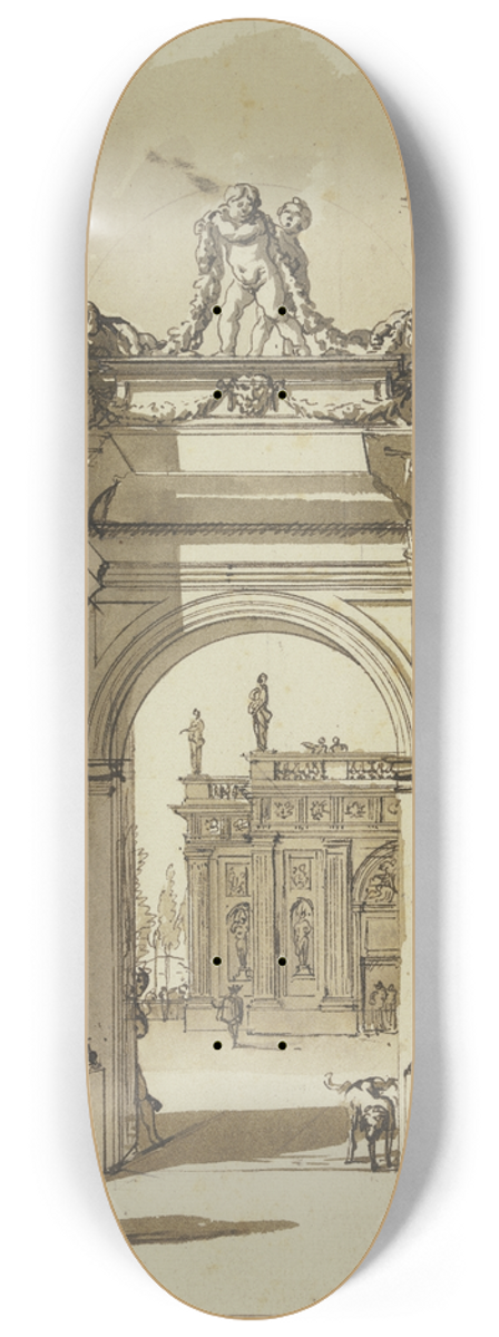 Jan de Bisschop - Portal eines Palastes, davor zwei Figuren und ein sitzender Hund 8.25 inch art skate deck