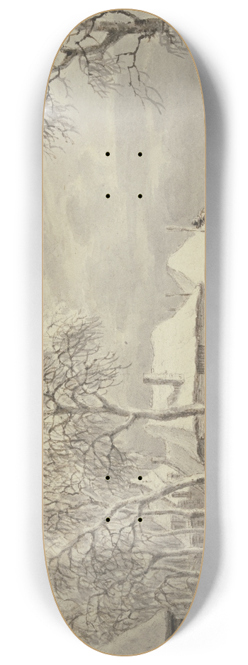 Jan Evert Grave - Winterlandschaft, ber eine Brcke bei einem Dorf fhrt ein Bauer eine Kuh 8.25 inch art skate deck